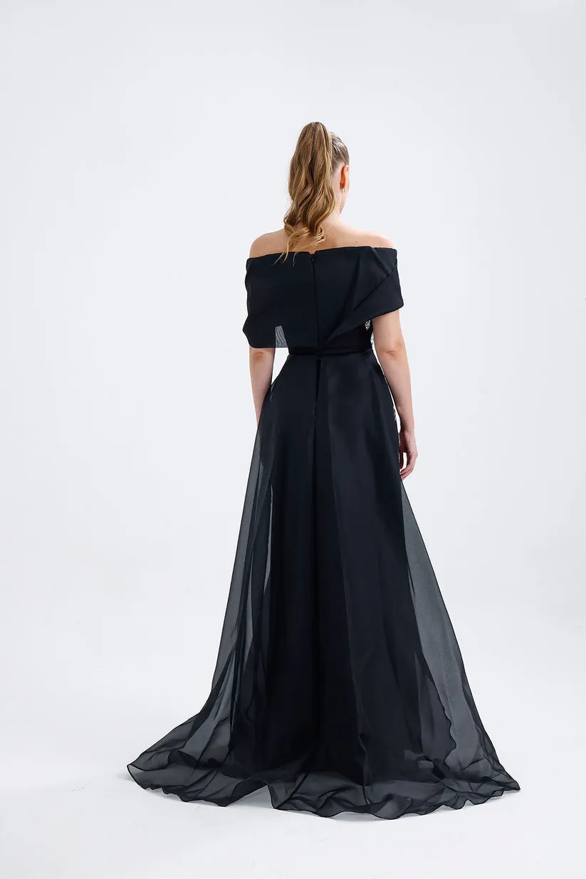 𝐒𝐇𝐄𝐋𝐁𝐘 Off Shoulder Organza Embroidered Long Evening Dress T56751