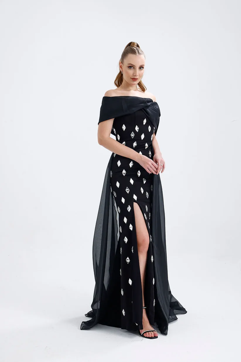 𝐒𝐇𝐄𝐋𝐁𝐘 Off Shoulder Organza Embroidered Long Evening Dress T56751