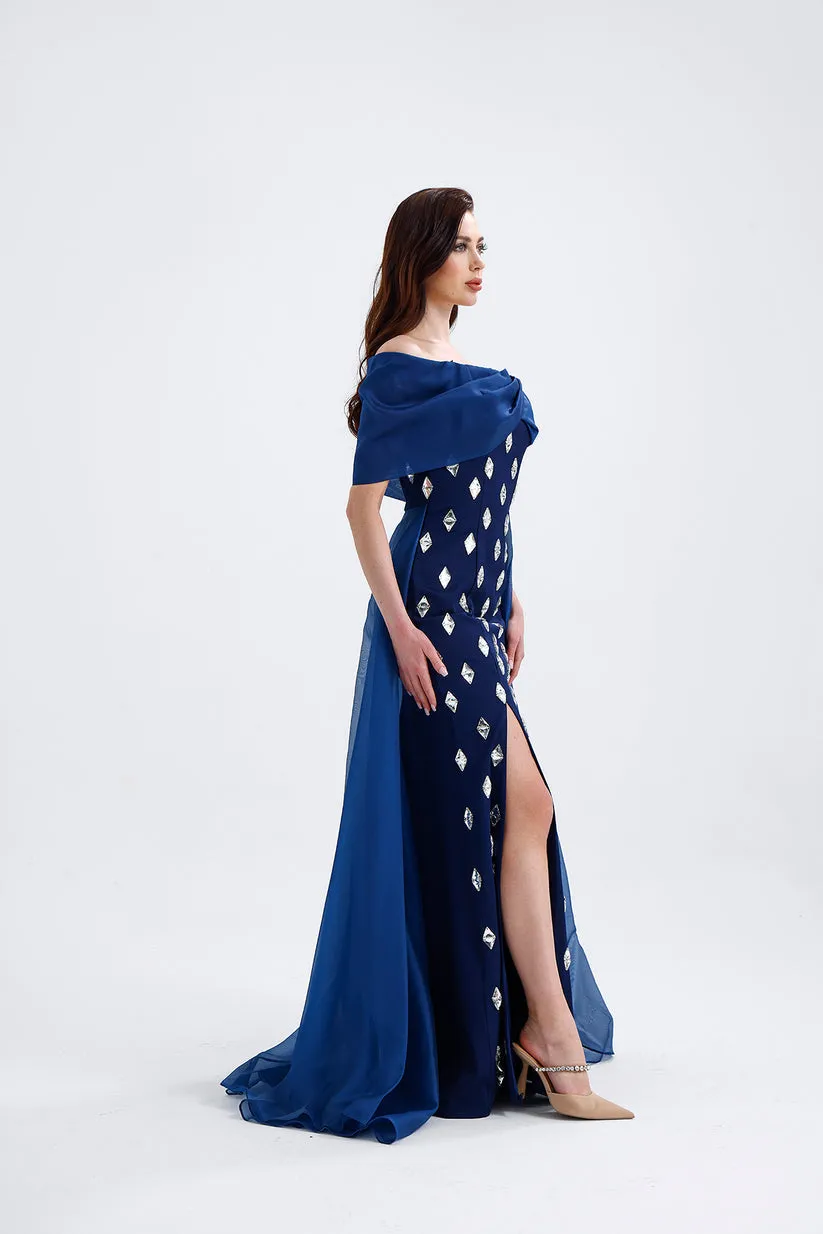 𝐒𝐇𝐄𝐋𝐁𝐘 Off Shoulder Organza Embroidered Long Evening Dress T56751