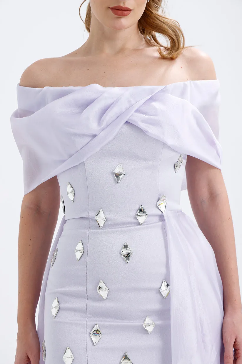 𝐒𝐇𝐄𝐋𝐁𝐘 Off Shoulder Organza Embroidered Long Evening Dress T56751