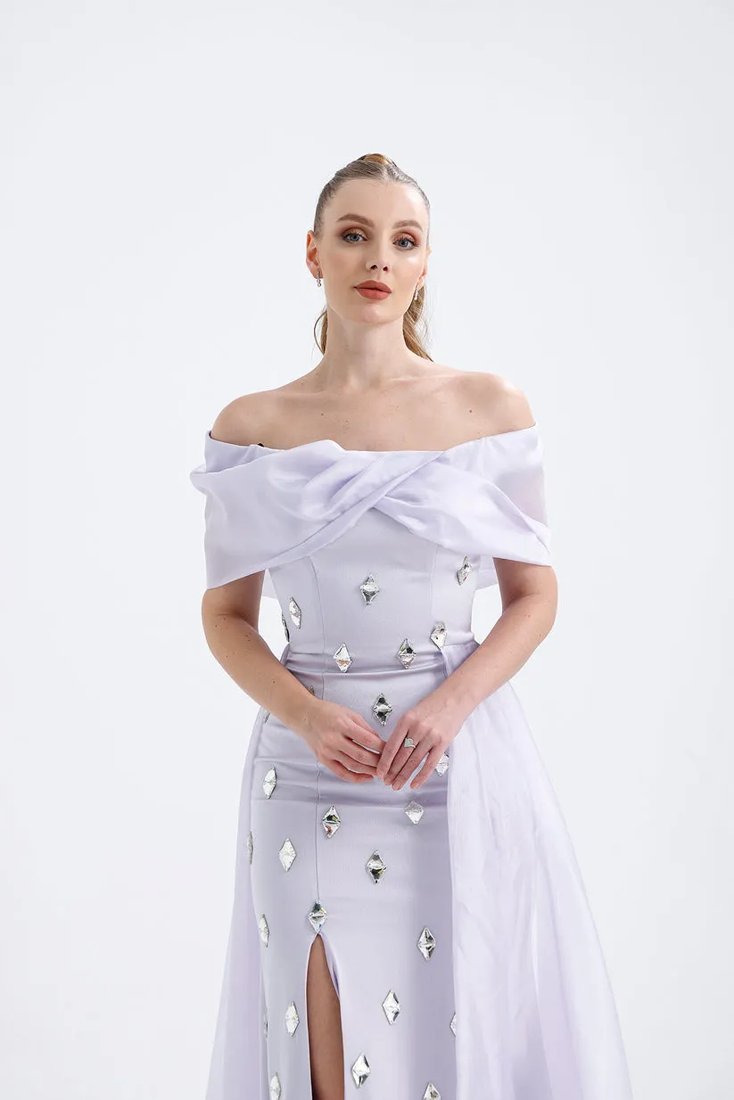 𝐒𝐇𝐄𝐋𝐁𝐘 Off Shoulder Organza Embroidered Long Evening Dress T56751