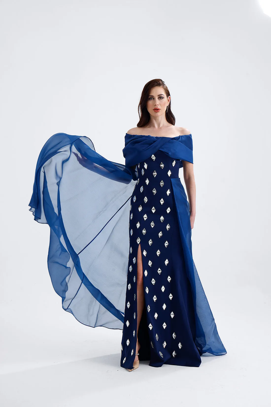 𝐒𝐇𝐄𝐋𝐁𝐘 Off Shoulder Organza Embroidered Long Evening Dress T56751