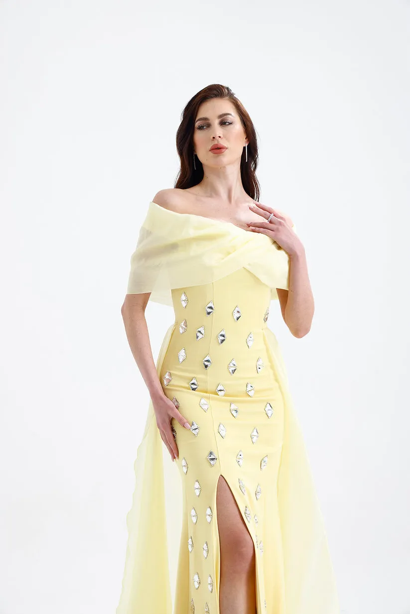 𝐒𝐇𝐄𝐋𝐁𝐘 Off Shoulder Organza Embroidered Long Evening Dress T56751