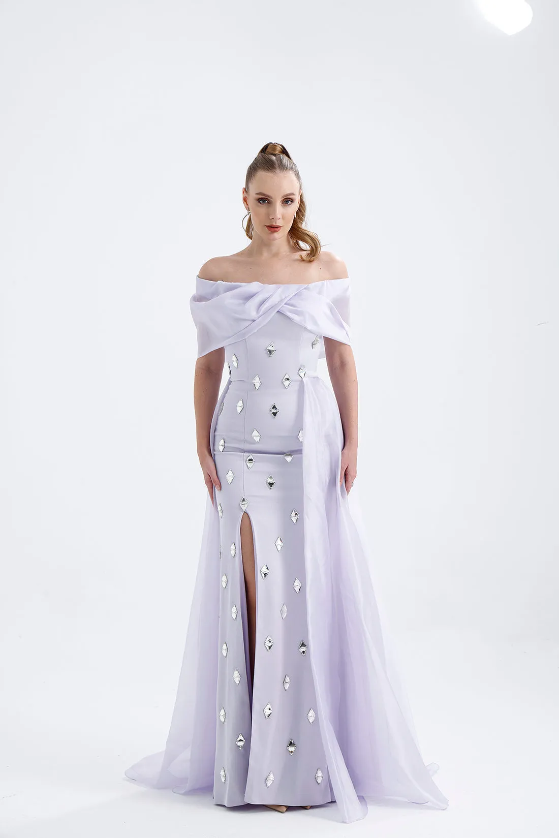 𝐒𝐇𝐄𝐋𝐁𝐘 Off Shoulder Organza Embroidered Long Evening Dress T56751