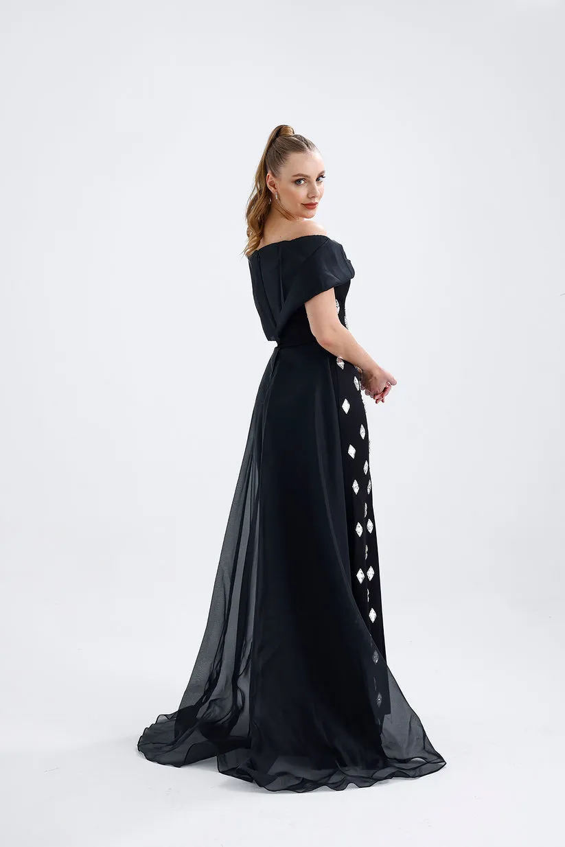 𝐒𝐇𝐄𝐋𝐁𝐘 Off Shoulder Organza Embroidered Long Evening Dress T56751