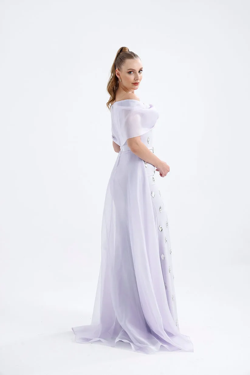 𝐒𝐇𝐄𝐋𝐁𝐘 Off Shoulder Organza Embroidered Long Evening Dress T56751