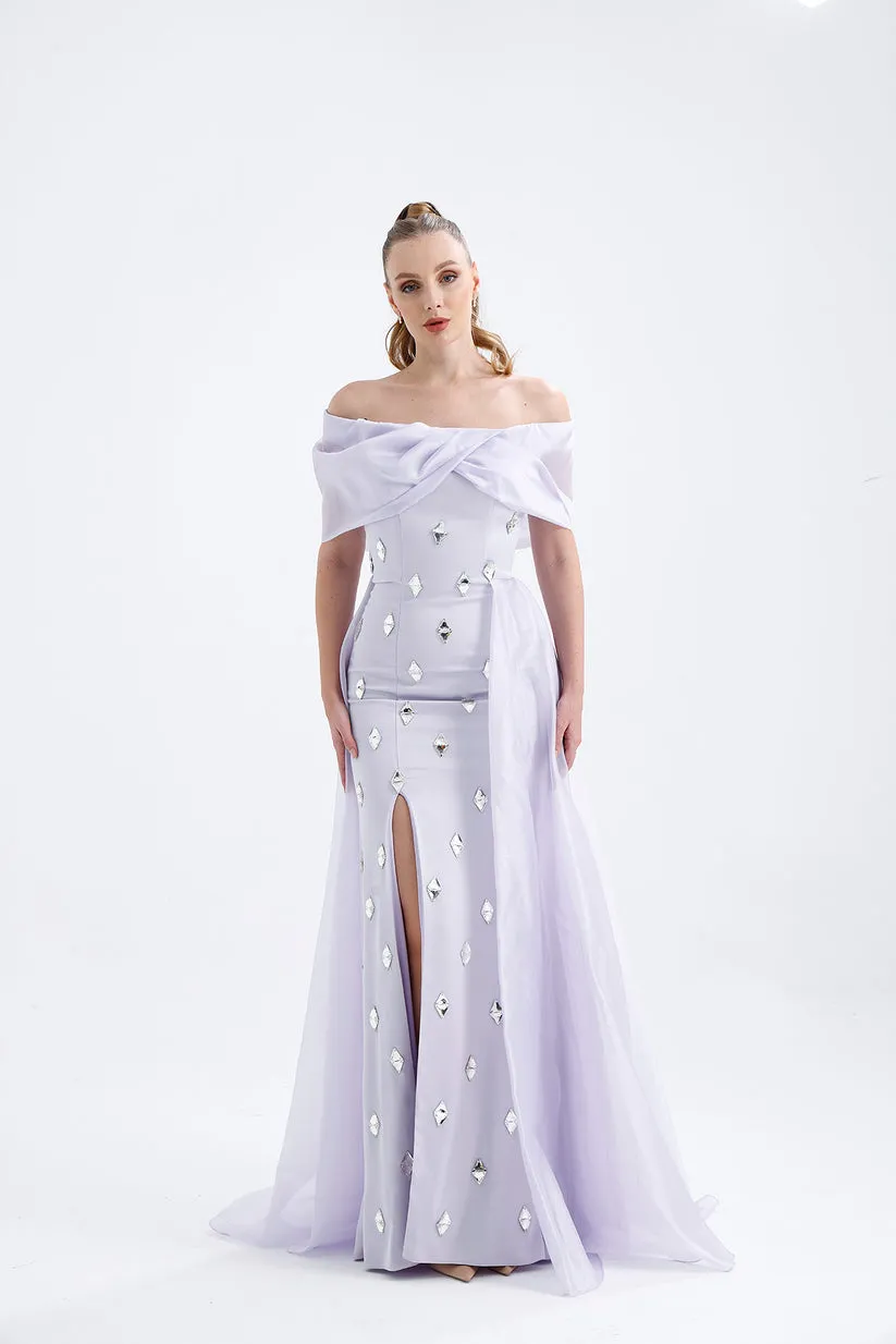𝐒𝐇𝐄𝐋𝐁𝐘 Off Shoulder Organza Embroidered Long Evening Dress T56751