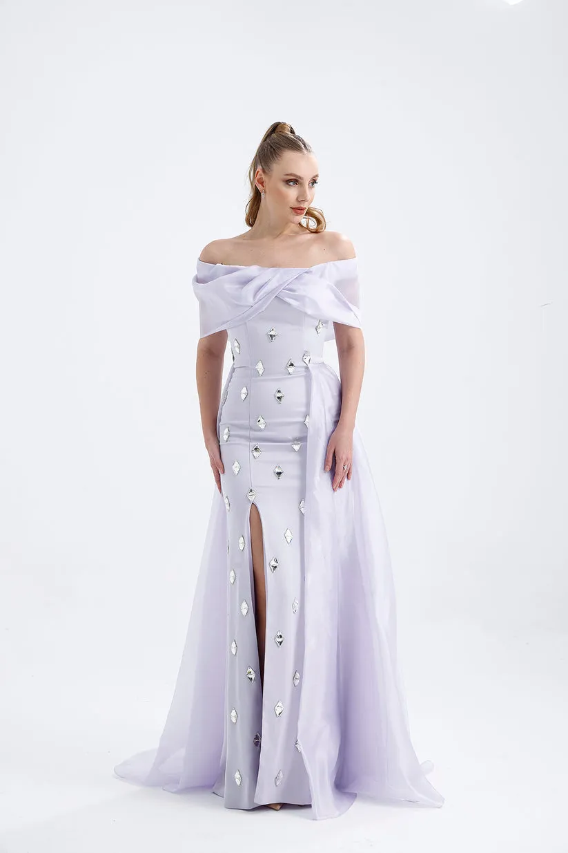 𝐒𝐇𝐄𝐋𝐁𝐘 Off Shoulder Organza Embroidered Long Evening Dress T56751