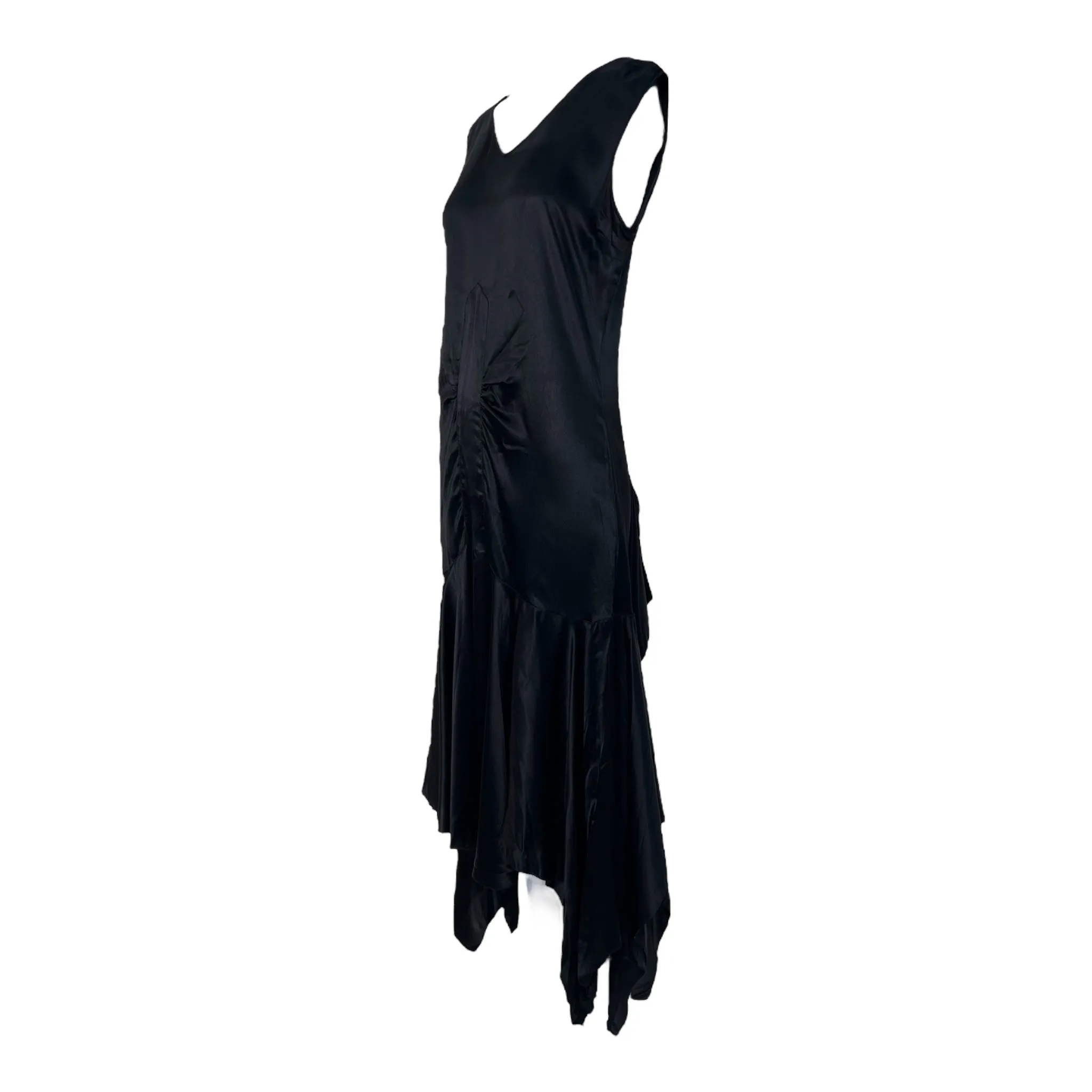 1920's Black Satin Bias Cut Asymmetrical Hem Flapper Evening Dress
