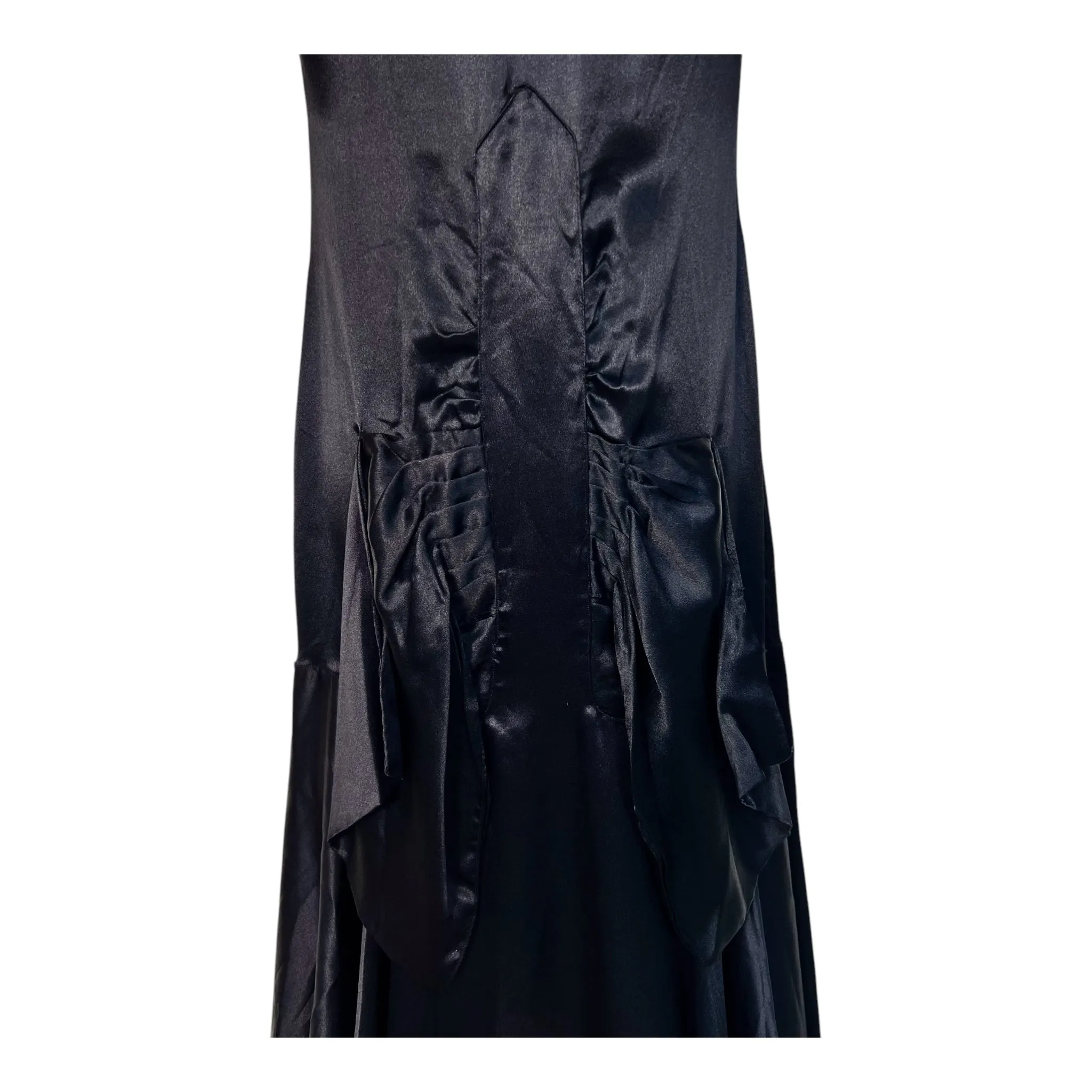 1920's Black Satin Bias Cut Asymmetrical Hem Flapper Evening Dress