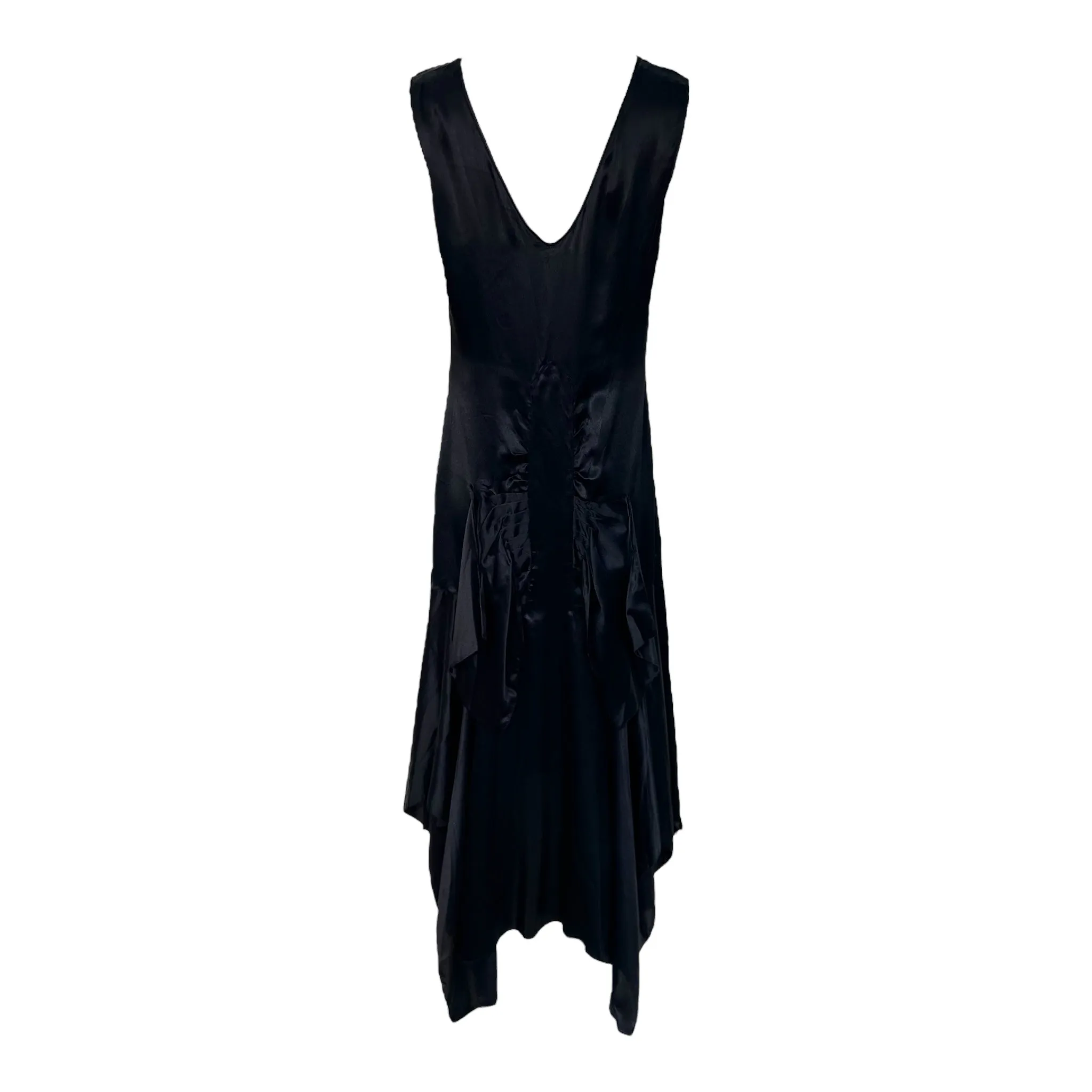 1920's Black Satin Bias Cut Asymmetrical Hem Flapper Evening Dress