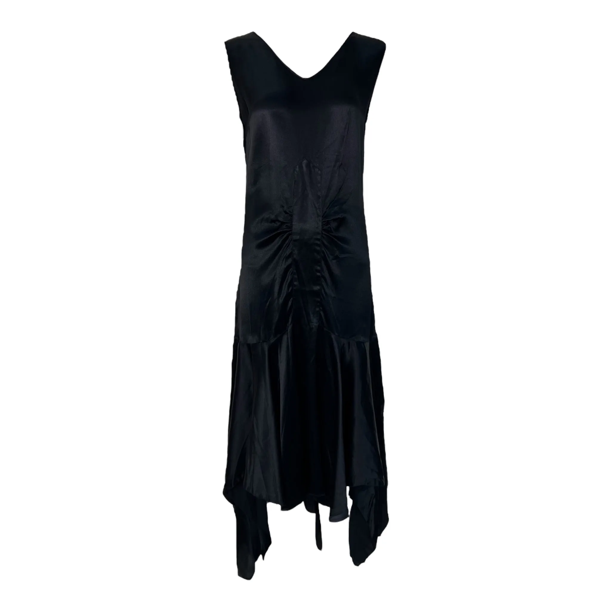 1920's Black Satin Bias Cut Asymmetrical Hem Flapper Evening Dress