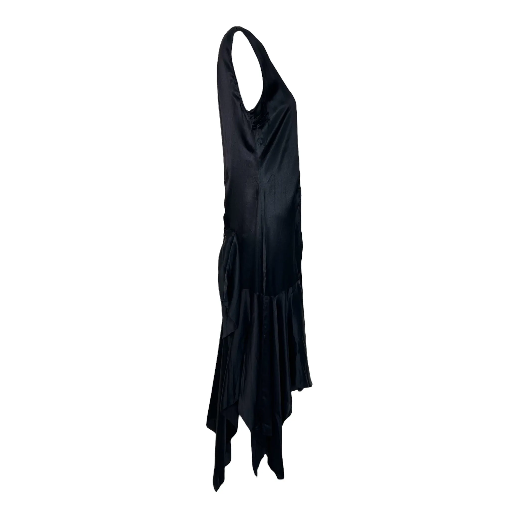 1920's Black Satin Bias Cut Asymmetrical Hem Flapper Evening Dress