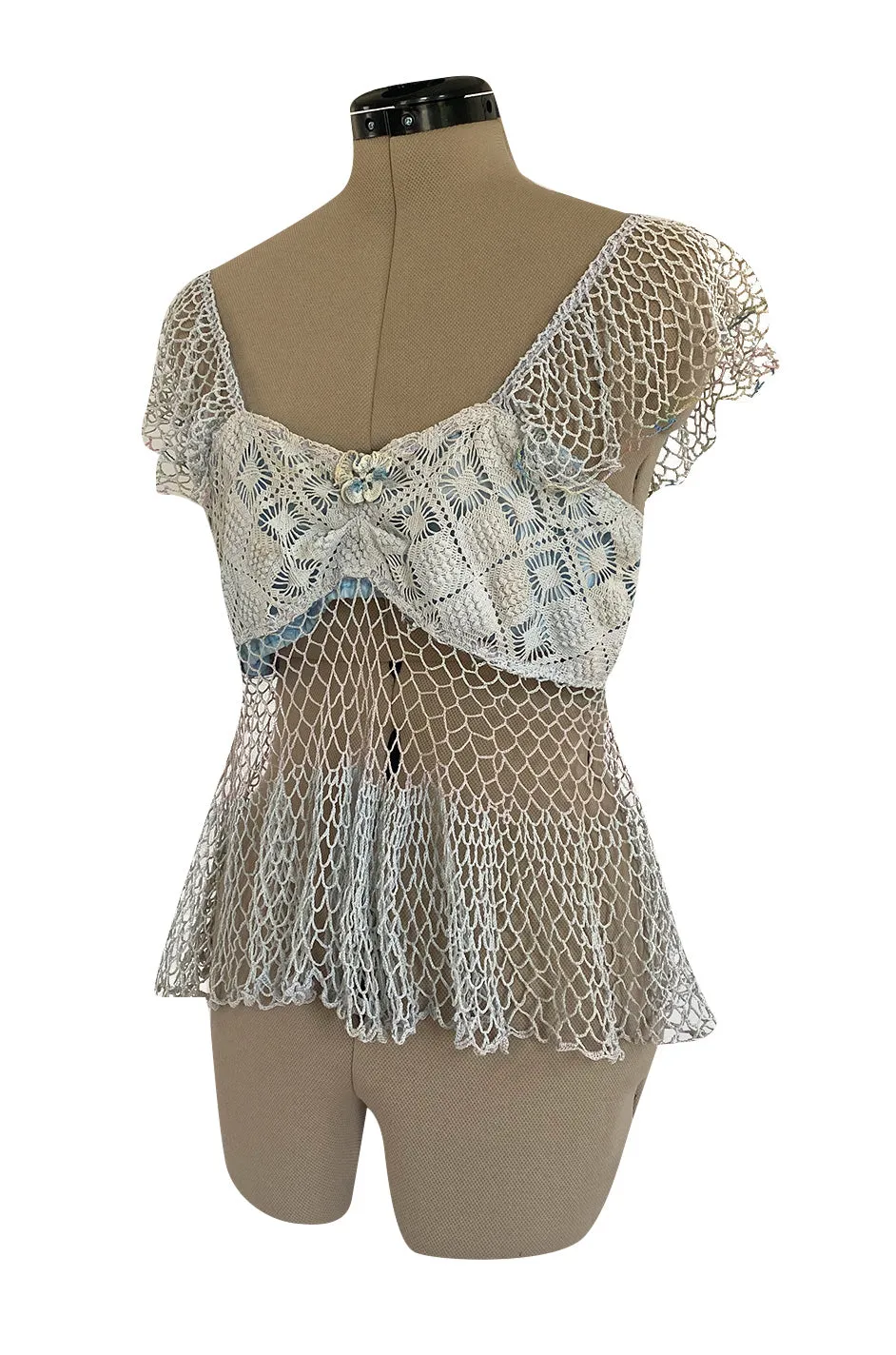 1960s Handmade Crocheted Crop Top in Blue & Pale Pink w Ruffled Cap Sleeve and Body