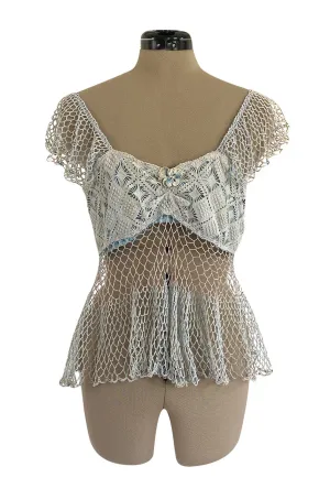 1960s Handmade Crocheted Crop Top in Blue & Pale Pink w Ruffled Cap Sleeve and Body