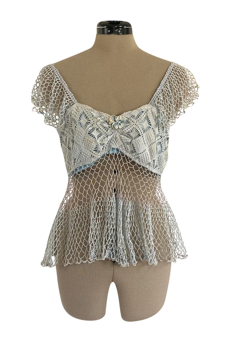 1960s Handmade Crocheted Crop Top in Blue & Pale Pink w Ruffled Cap Sleeve and Body