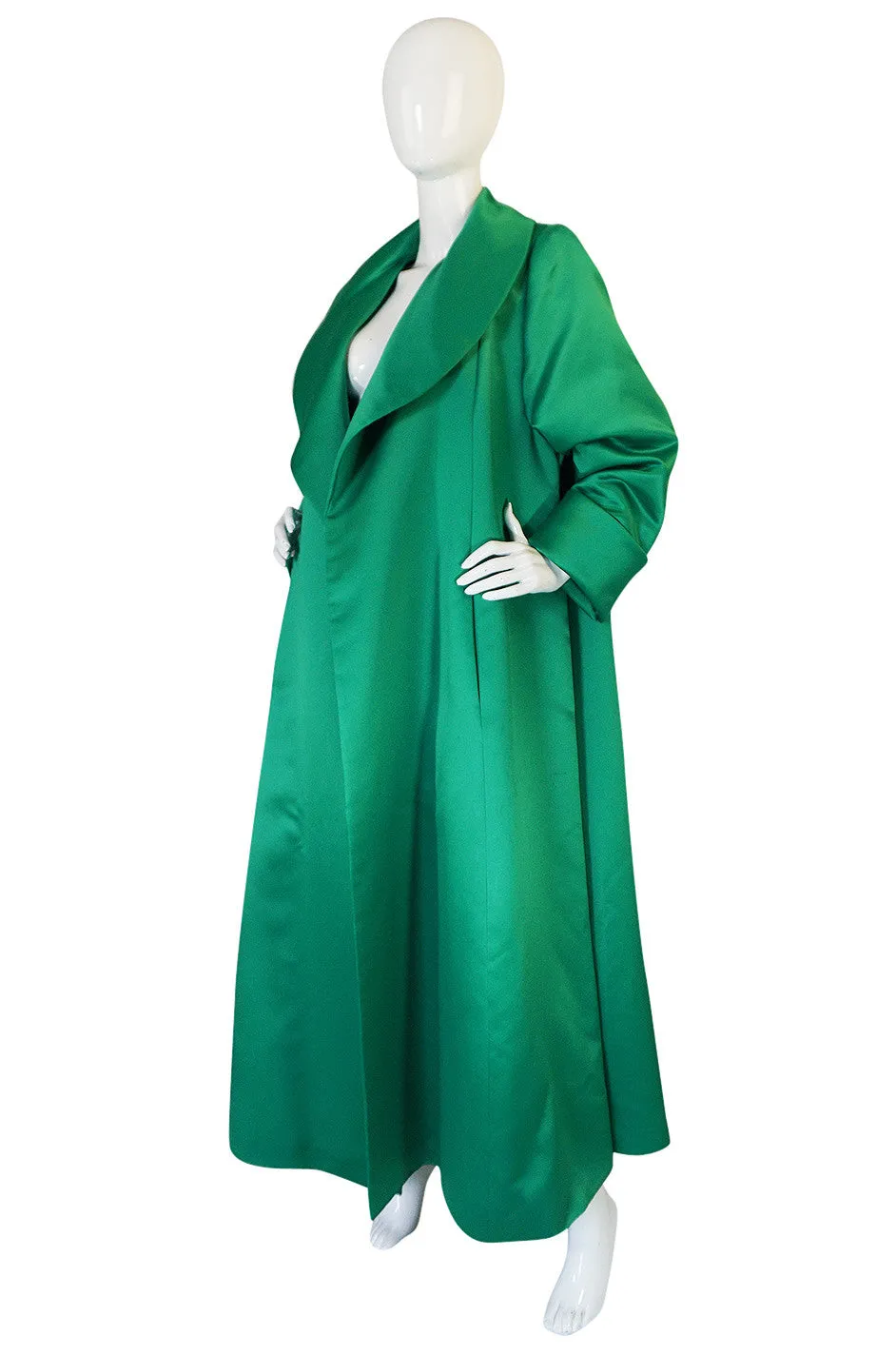 1980s Brilliant Green Silk Satin Evening Full Length Coat