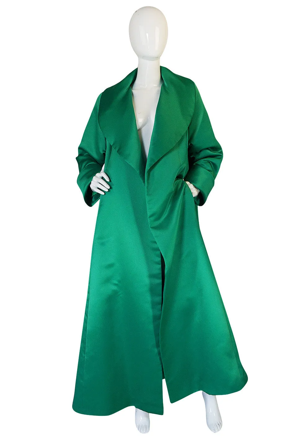 1980s Brilliant Green Silk Satin Evening Full Length Coat