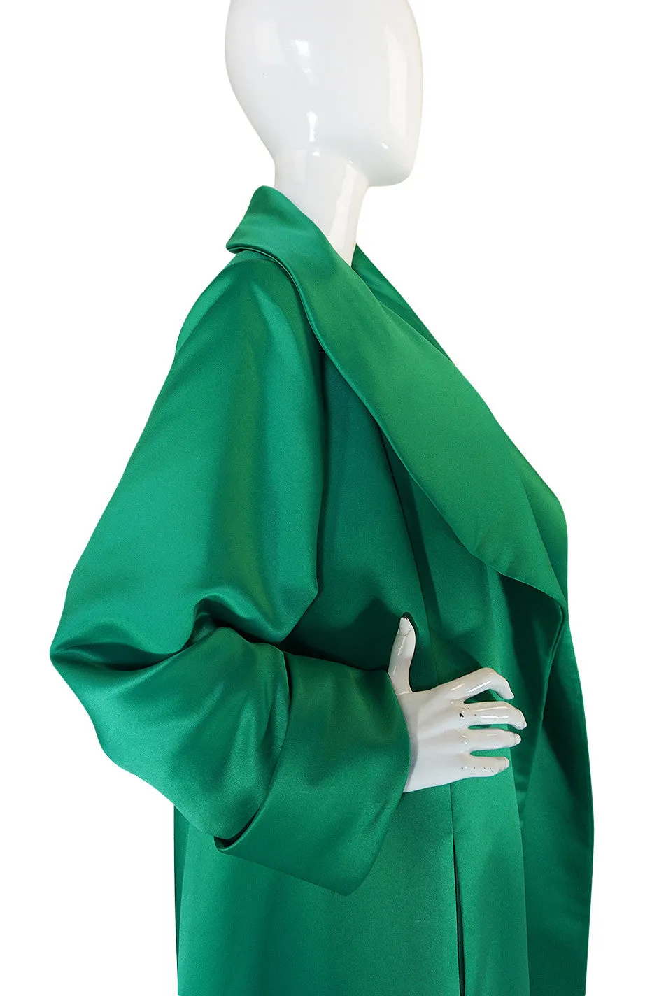 1980s Brilliant Green Silk Satin Evening Full Length Coat