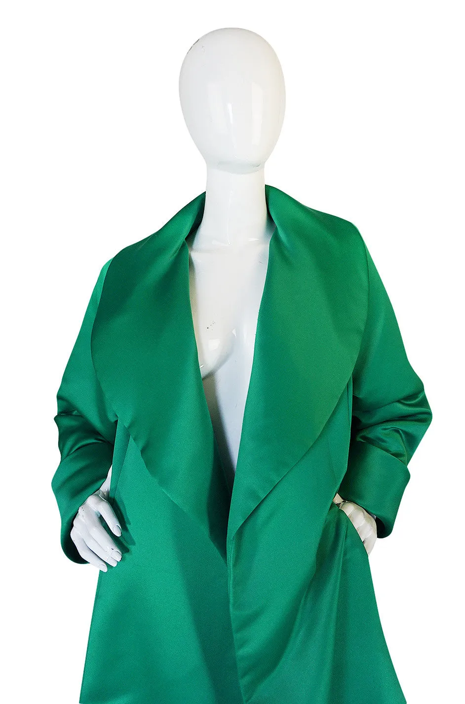 1980s Brilliant Green Silk Satin Evening Full Length Coat