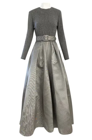 1980s Oscar de la Renta Soft Grey Cashmere & Striped Silk Skirt Dress w Matching Shawl