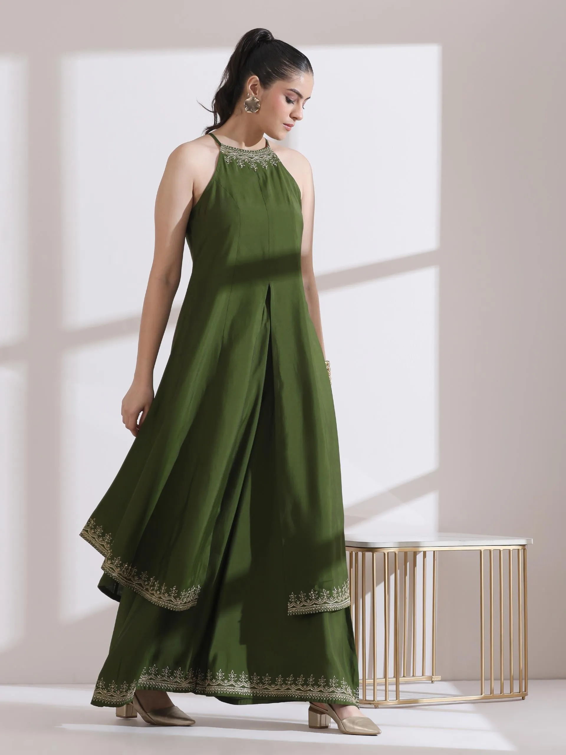 2 Pc Set - Airskin Mehndi Green With Embroidered Halter Kurta And Emrboidered Plazzo Pants