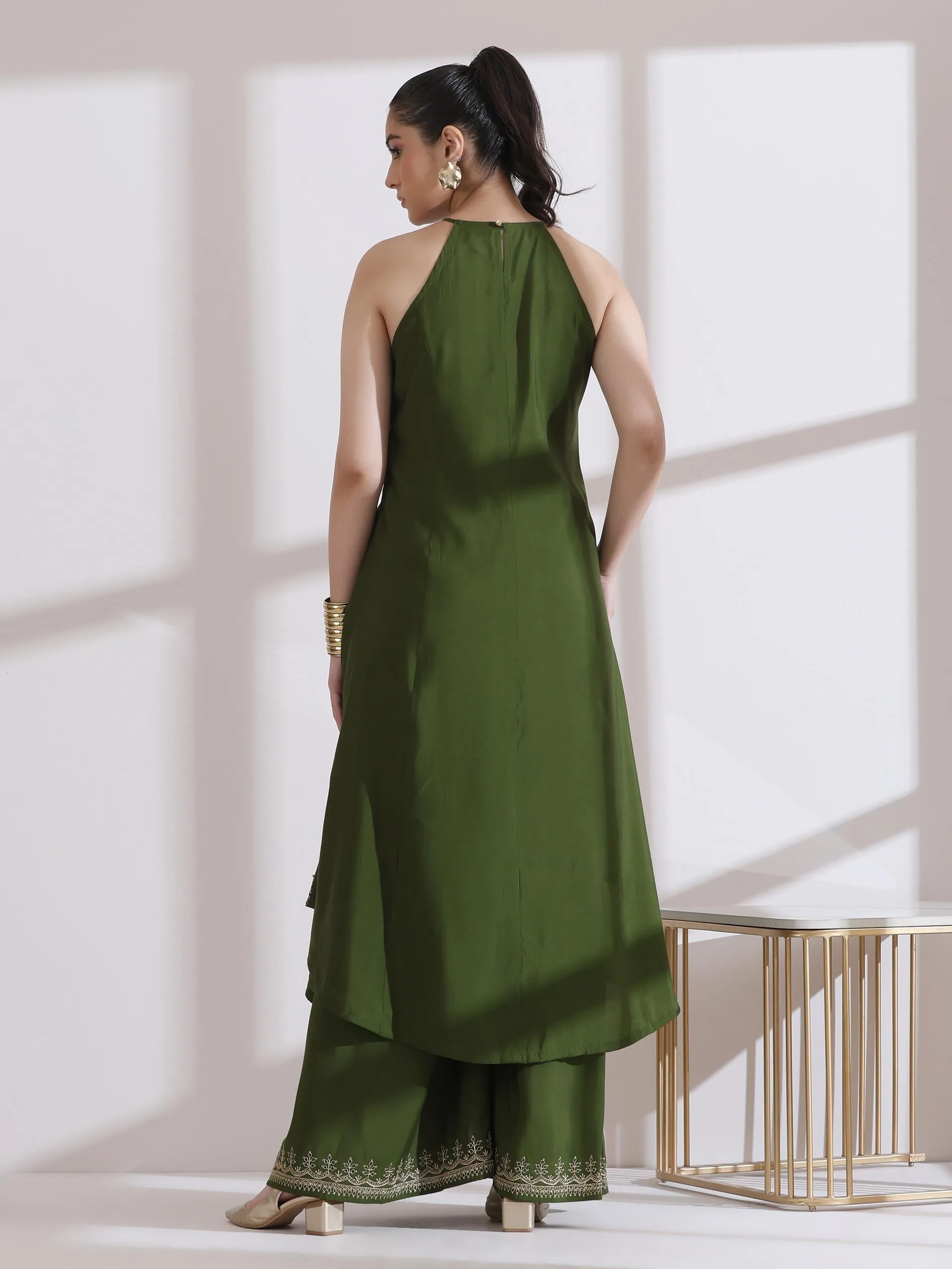 2 Pc Set - Airskin Mehndi Green With Embroidered Halter Kurta And Emrboidered Plazzo Pants