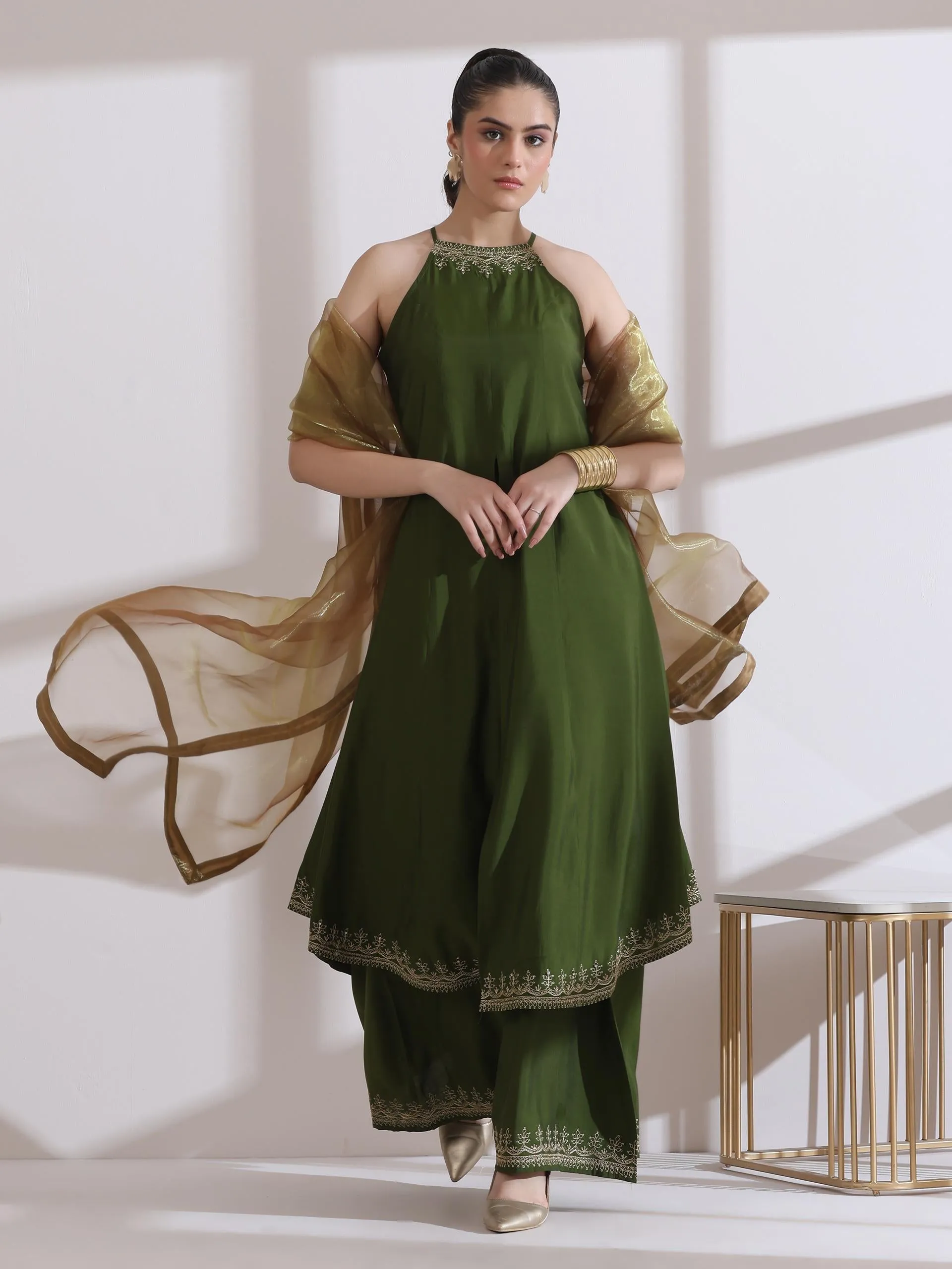 2 Pc Set - Airskin Mehndi Green With Embroidered Halter Kurta And Emrboidered Plazzo Pants