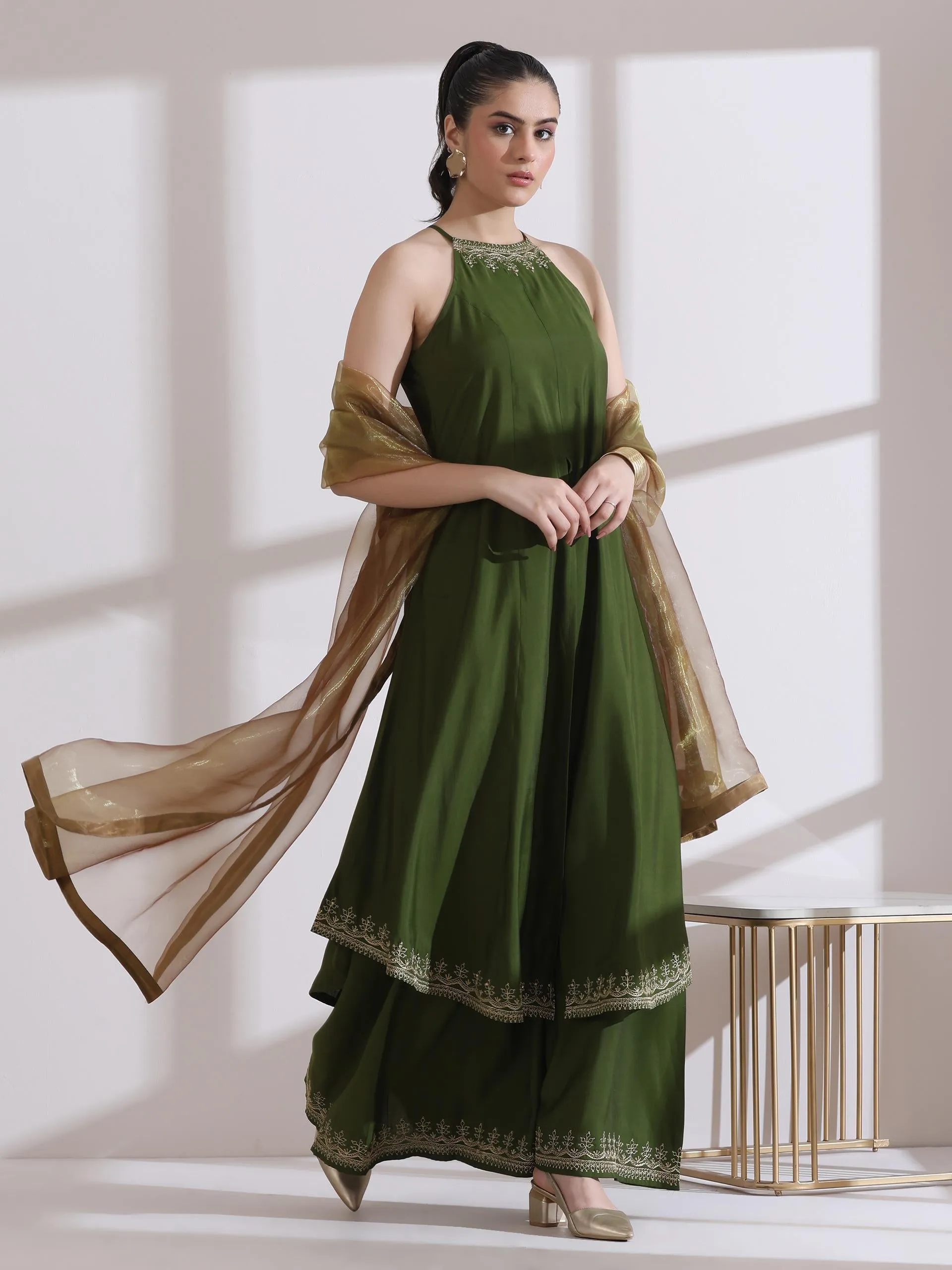 2 Pc Set - Airskin Mehndi Green With Embroidered Halter Kurta And Emrboidered Plazzo Pants