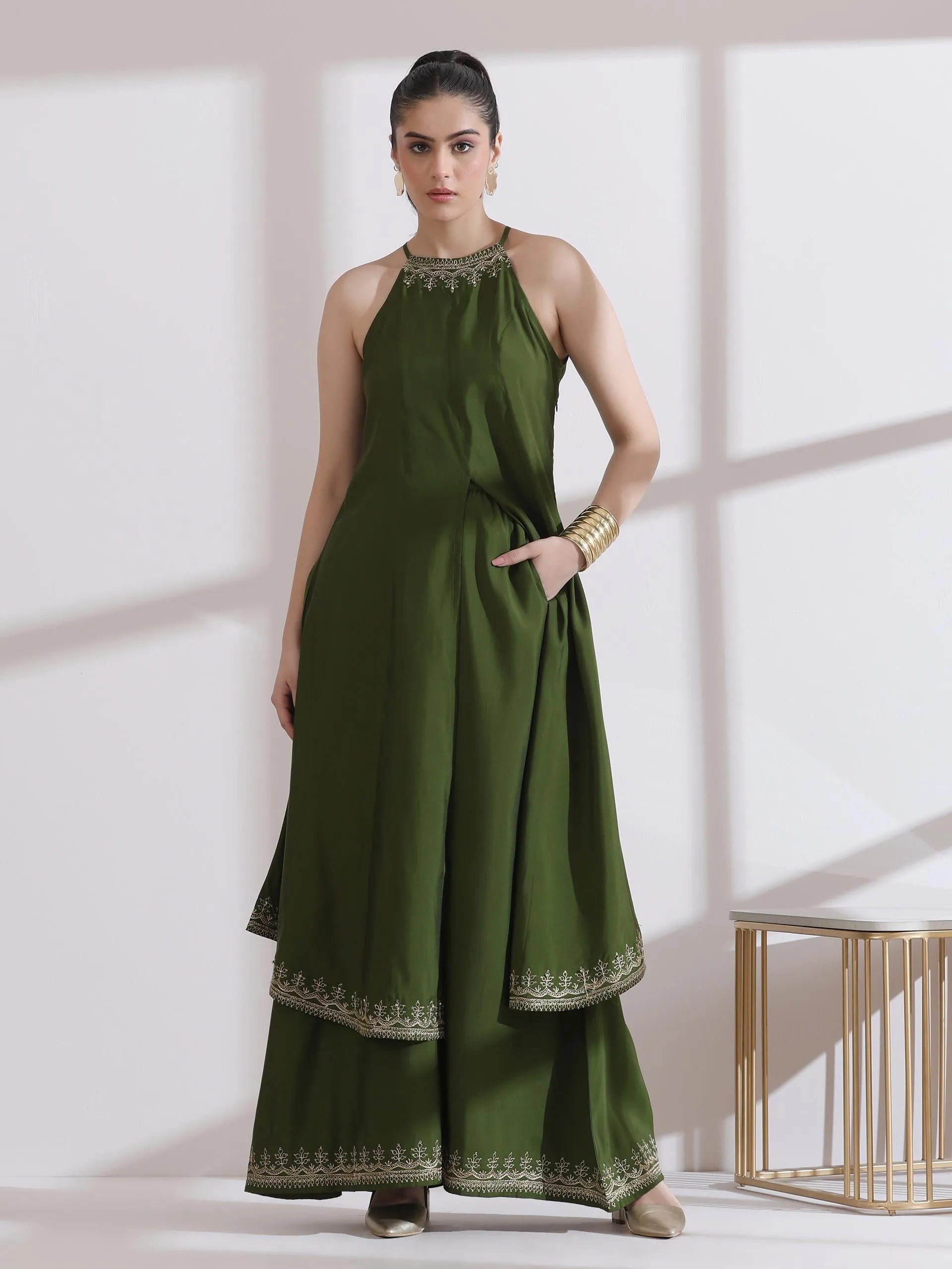 2 Pc Set - Airskin Mehndi Green With Embroidered Halter Kurta And Emrboidered Plazzo Pants
