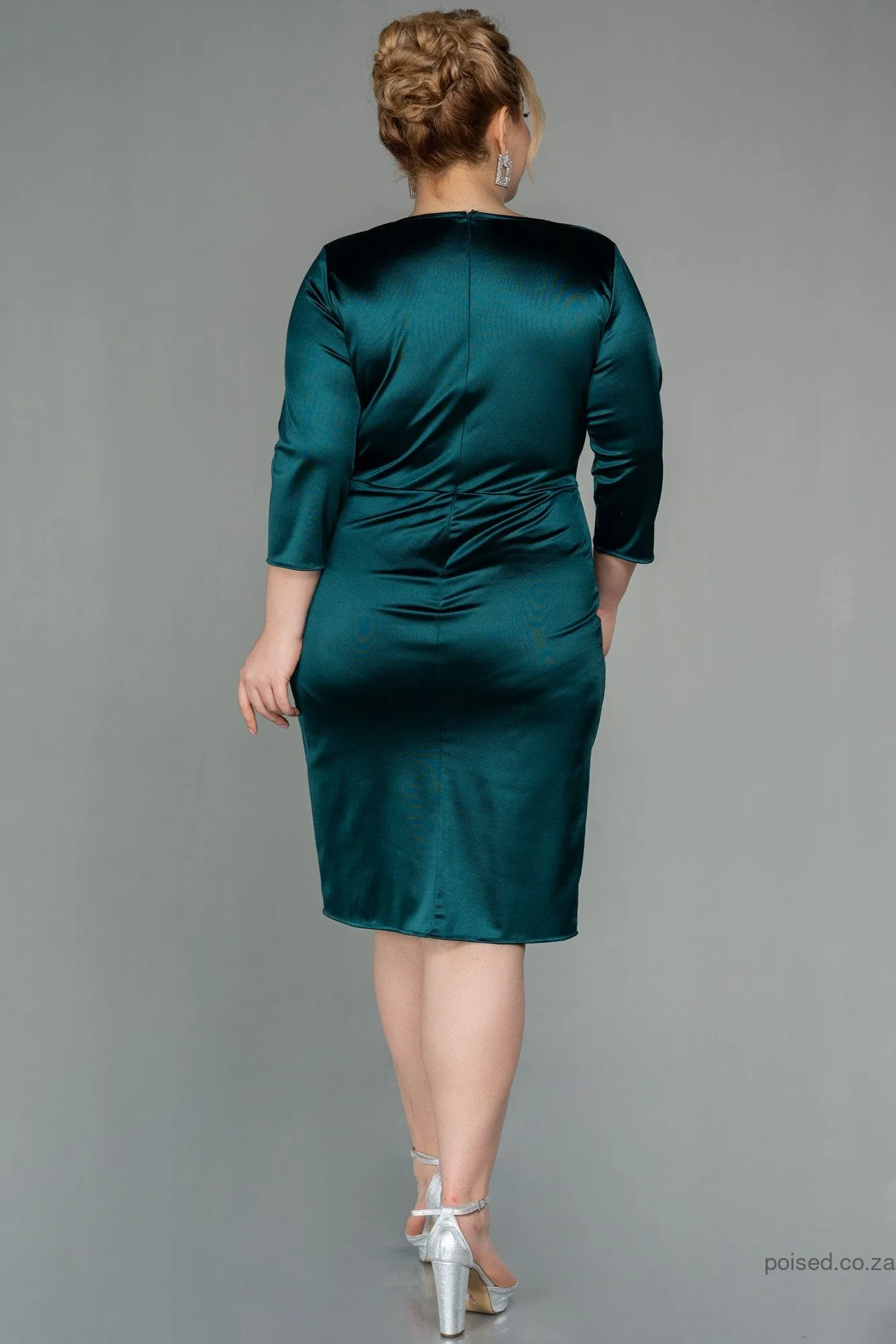 30127 Green Draped Slit Satin Dress