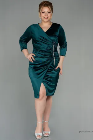 30127 Green Draped Slit Satin Dress