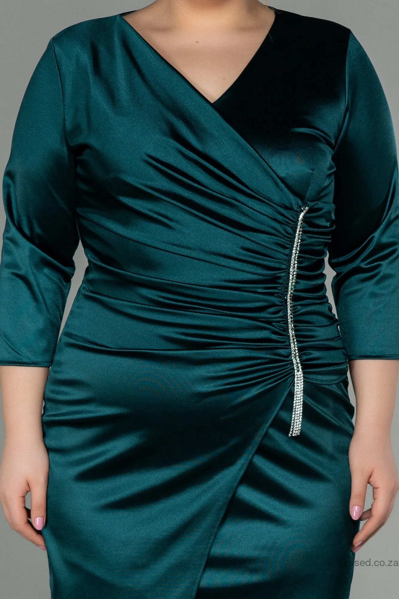 30127 Green Draped Slit Satin Dress