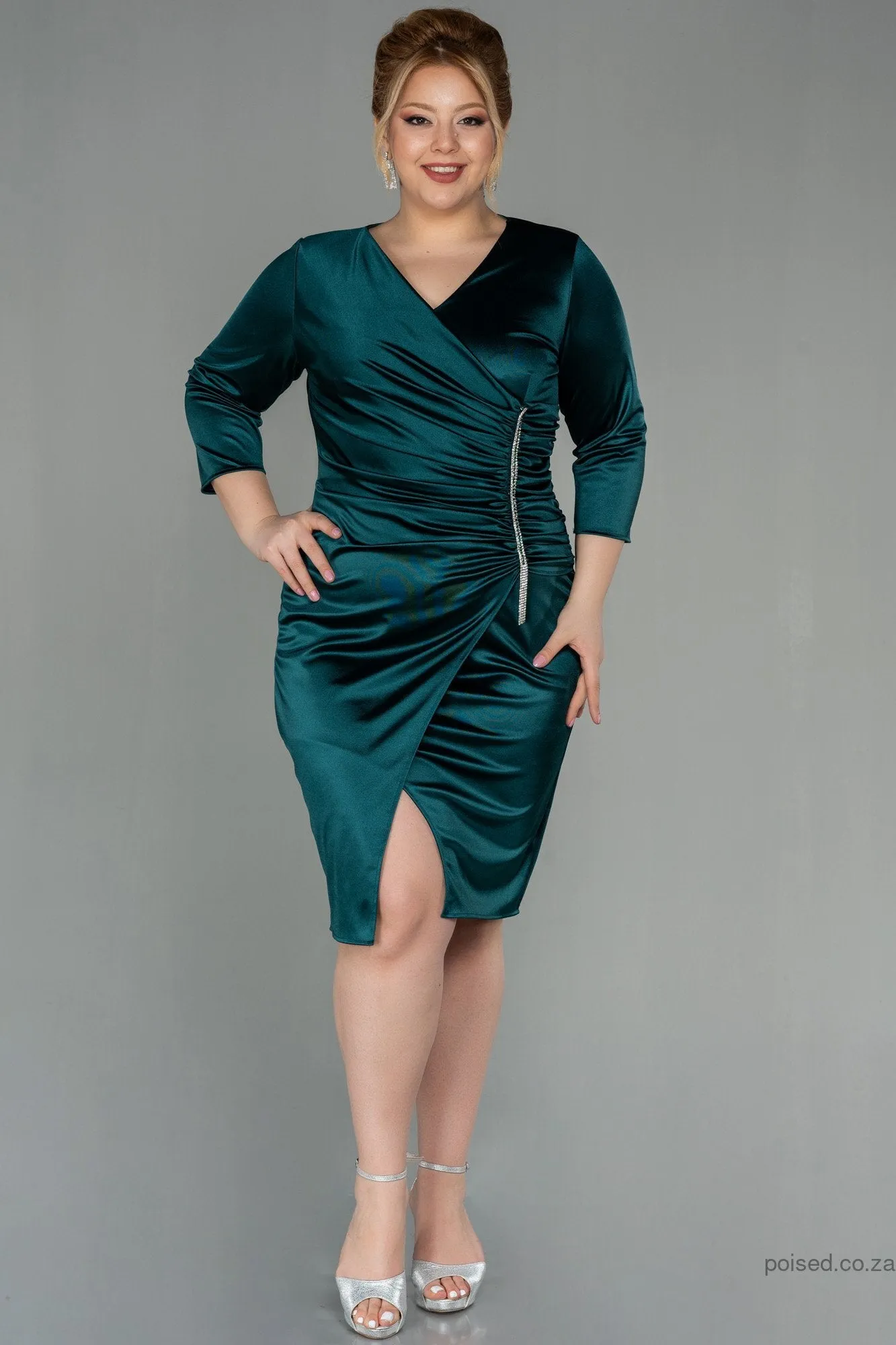 30127 Green Draped Slit Satin Dress