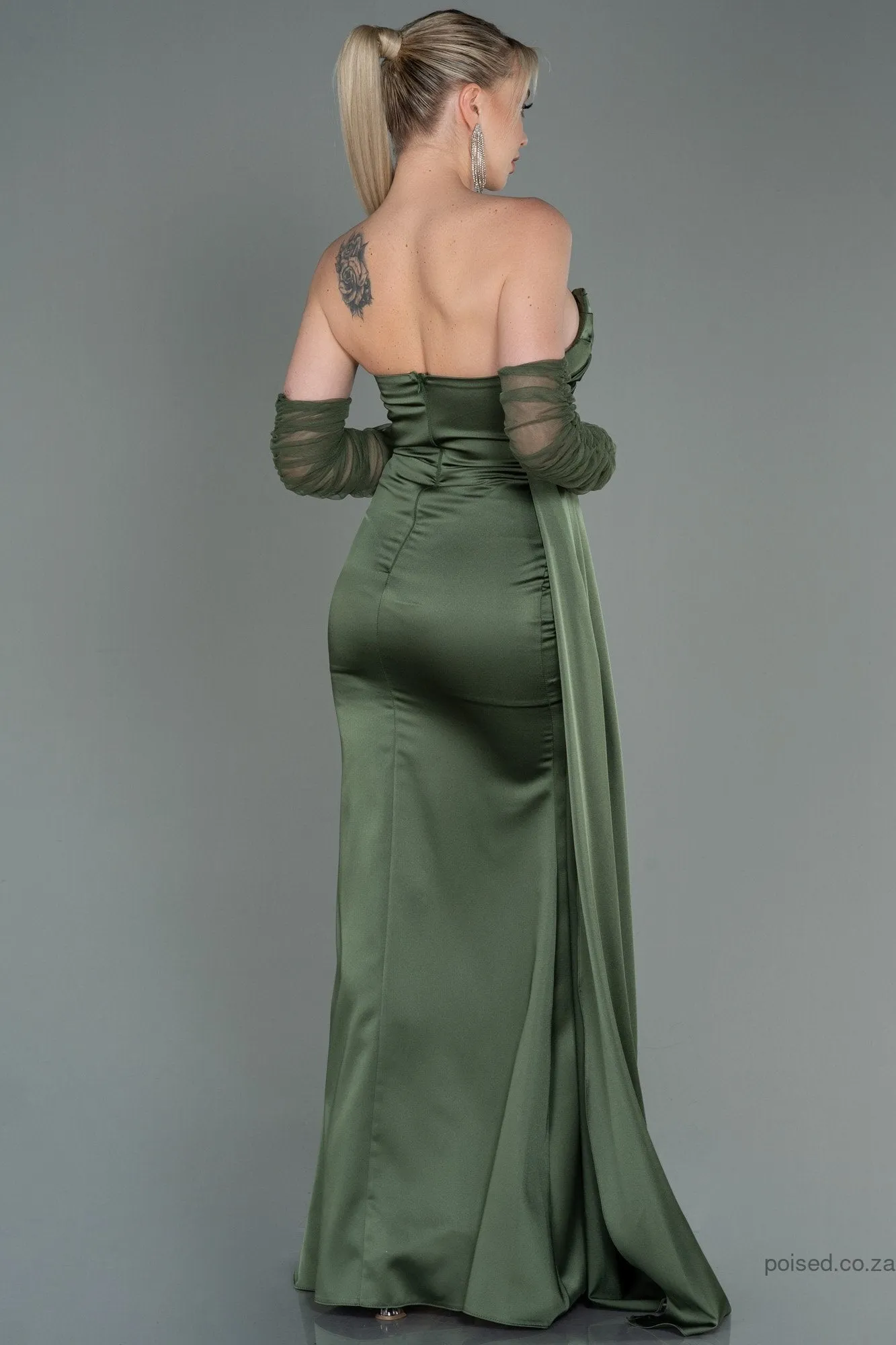 30176 Olive Green Draped Slit Strapless Dress