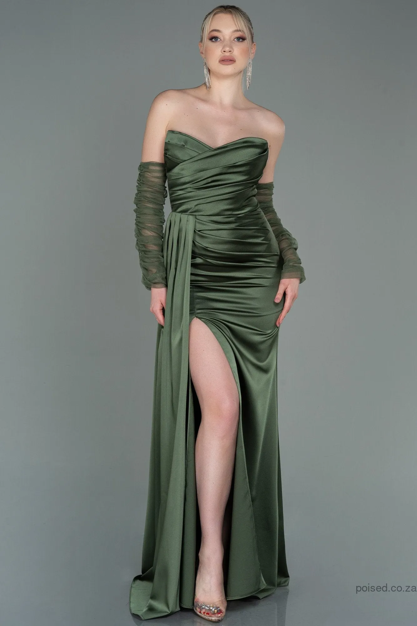 30176 Olive Green Draped Slit Strapless Dress
