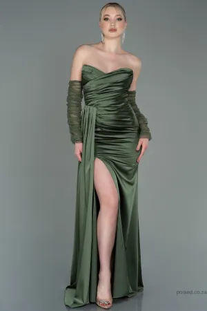 30176 Olive Green Draped Slit Strapless Dress
