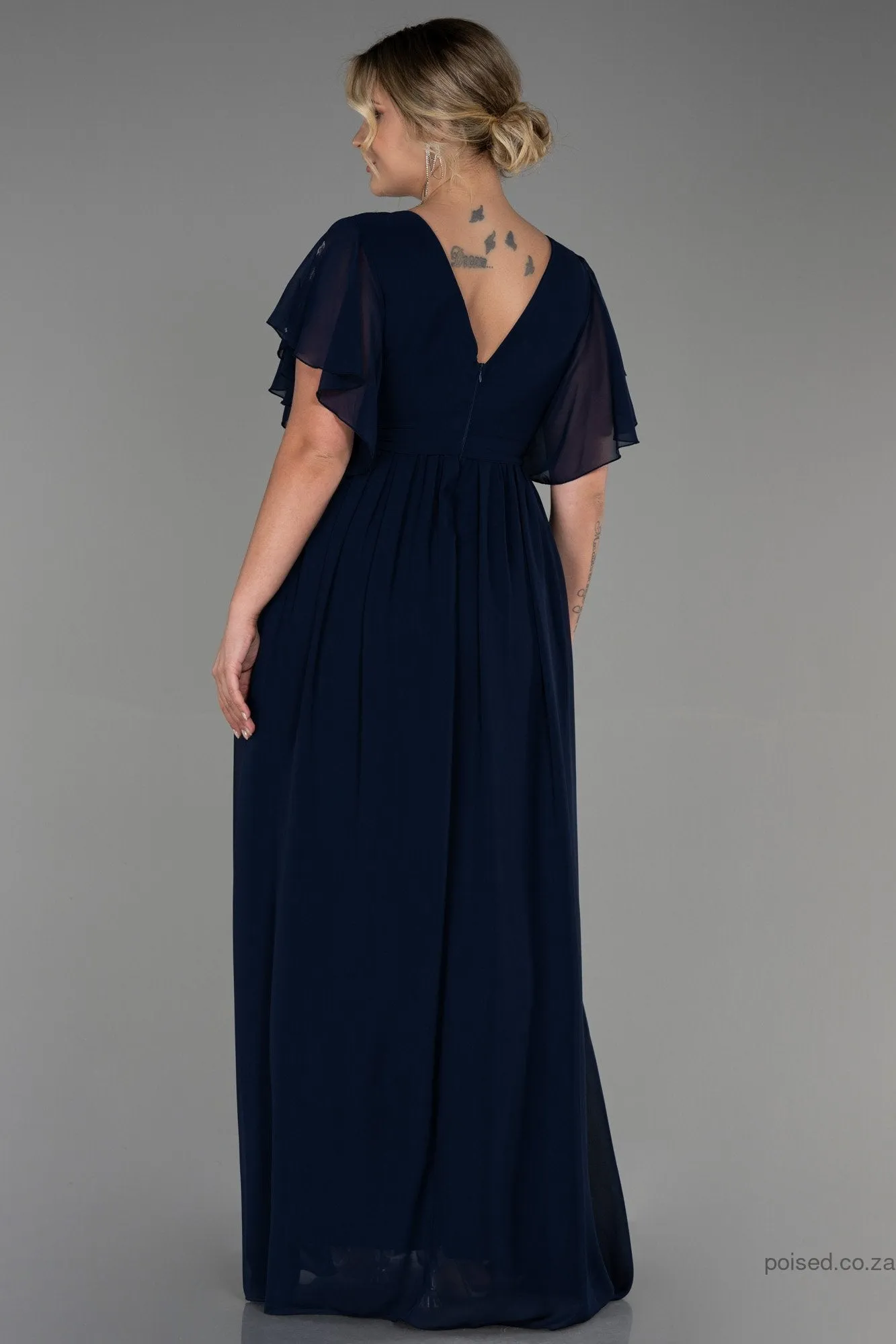 30232 Navy Blue Sheer Sleeve Empire Chiffon Dress