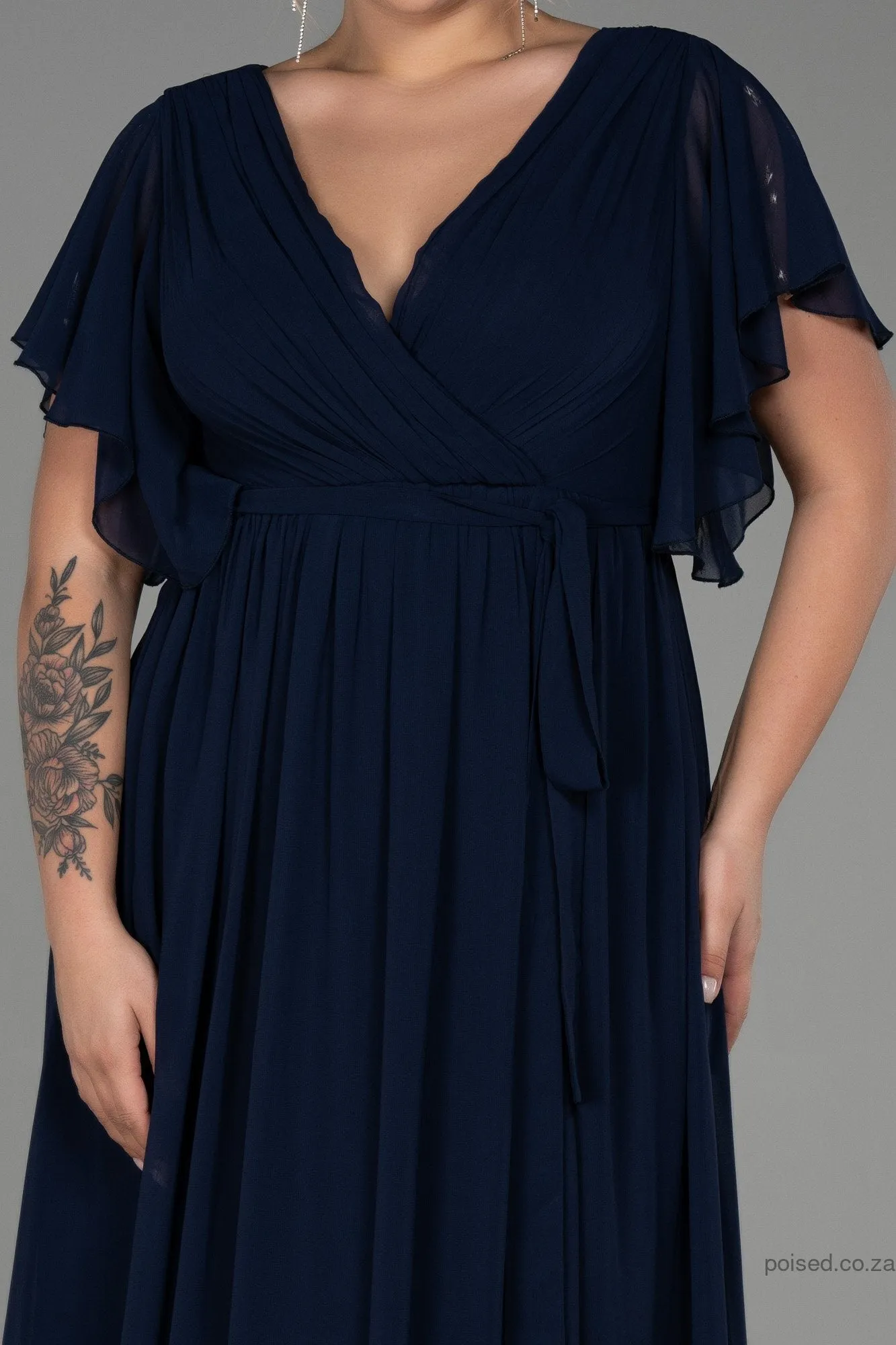 30232 Navy Blue Sheer Sleeve Empire Chiffon Dress