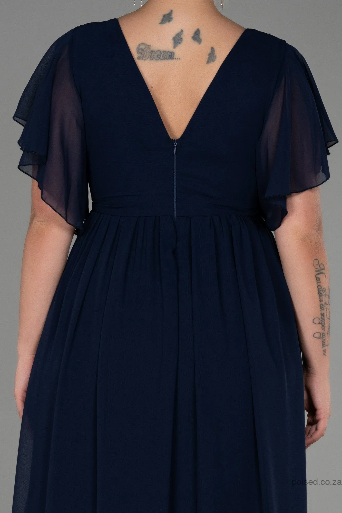 30232 Navy Blue Sheer Sleeve Empire Chiffon Dress
