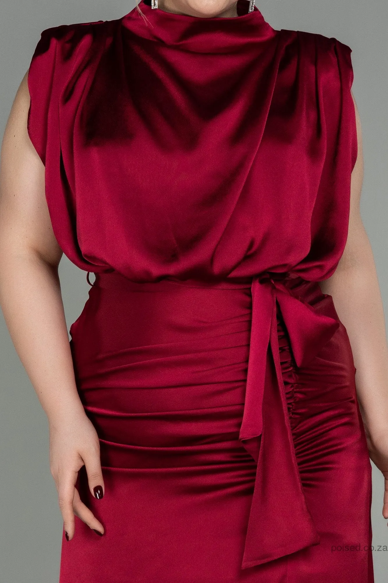 30263 Burgundy Draped Back Train Slit Dress
