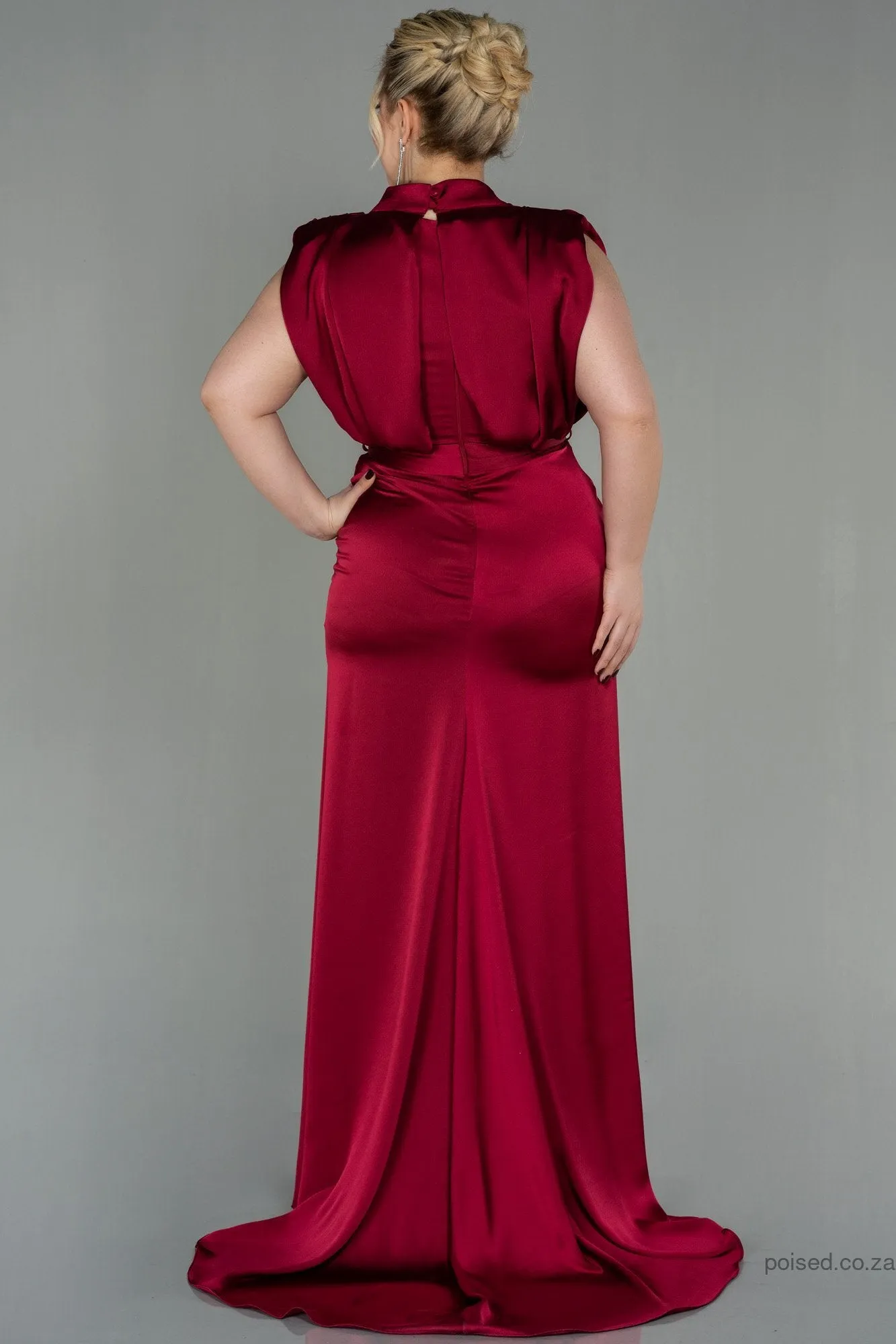 30263 Burgundy Draped Back Train Slit Dress
