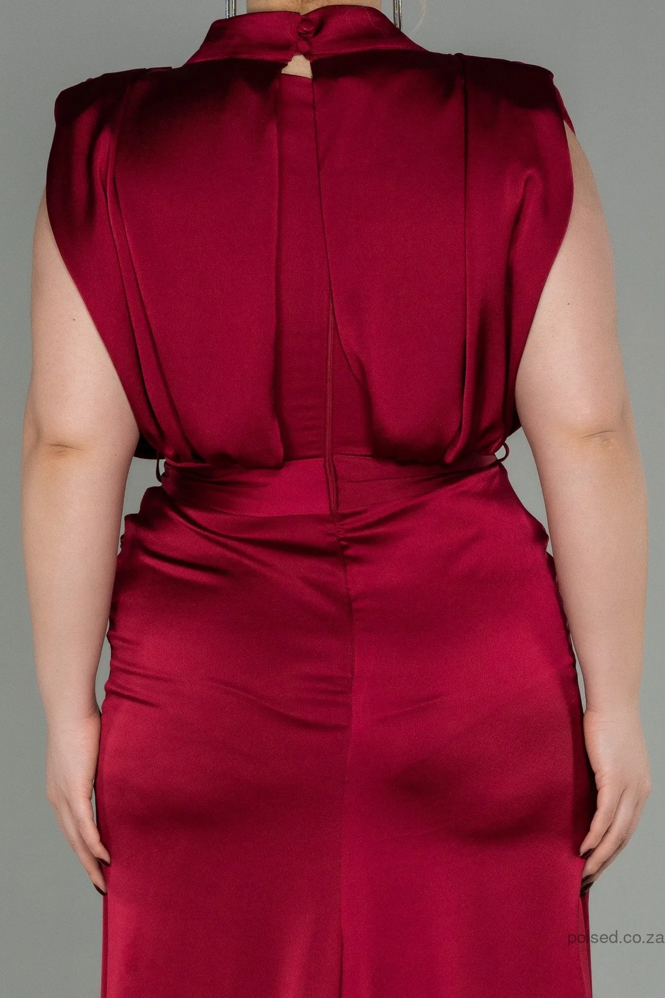 30263 Burgundy Draped Back Train Slit Dress