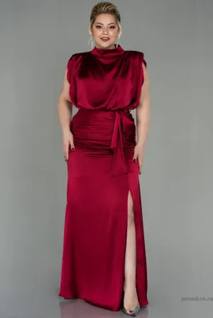 30263 Burgundy Draped Back Train Slit Dress
