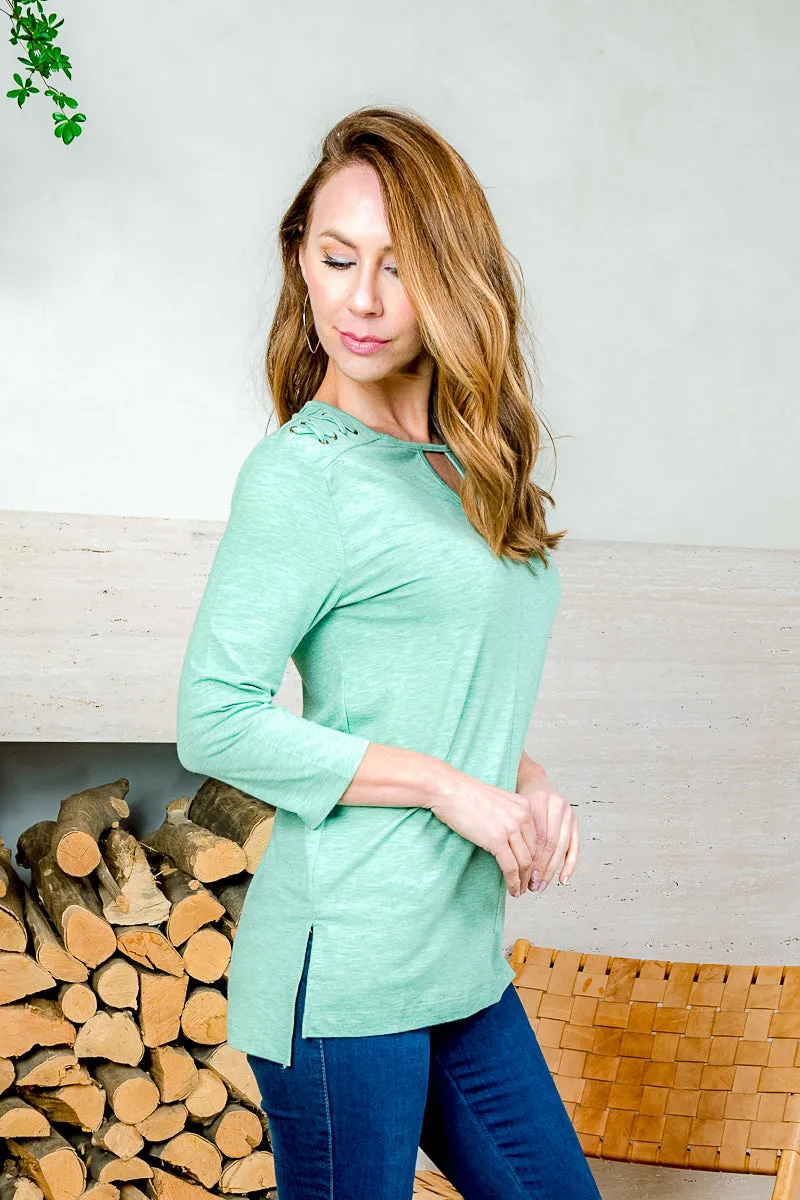 3/4 Sleeve Round Key Hole Neck Heather Top with Grommet & Lace Shoulder Detail and Side Vents in Green (SK184212)