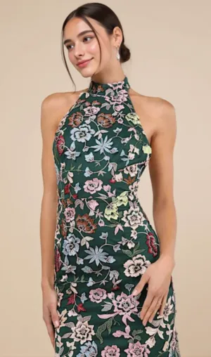 3D Floral Embroidered Halter Maxi Dress in Emerald