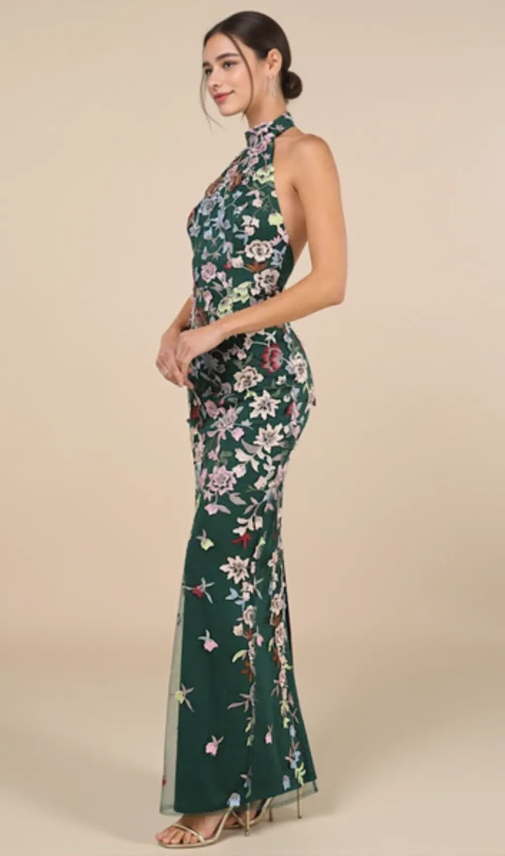 3D Floral Embroidered Halter Maxi Dress in Emerald
