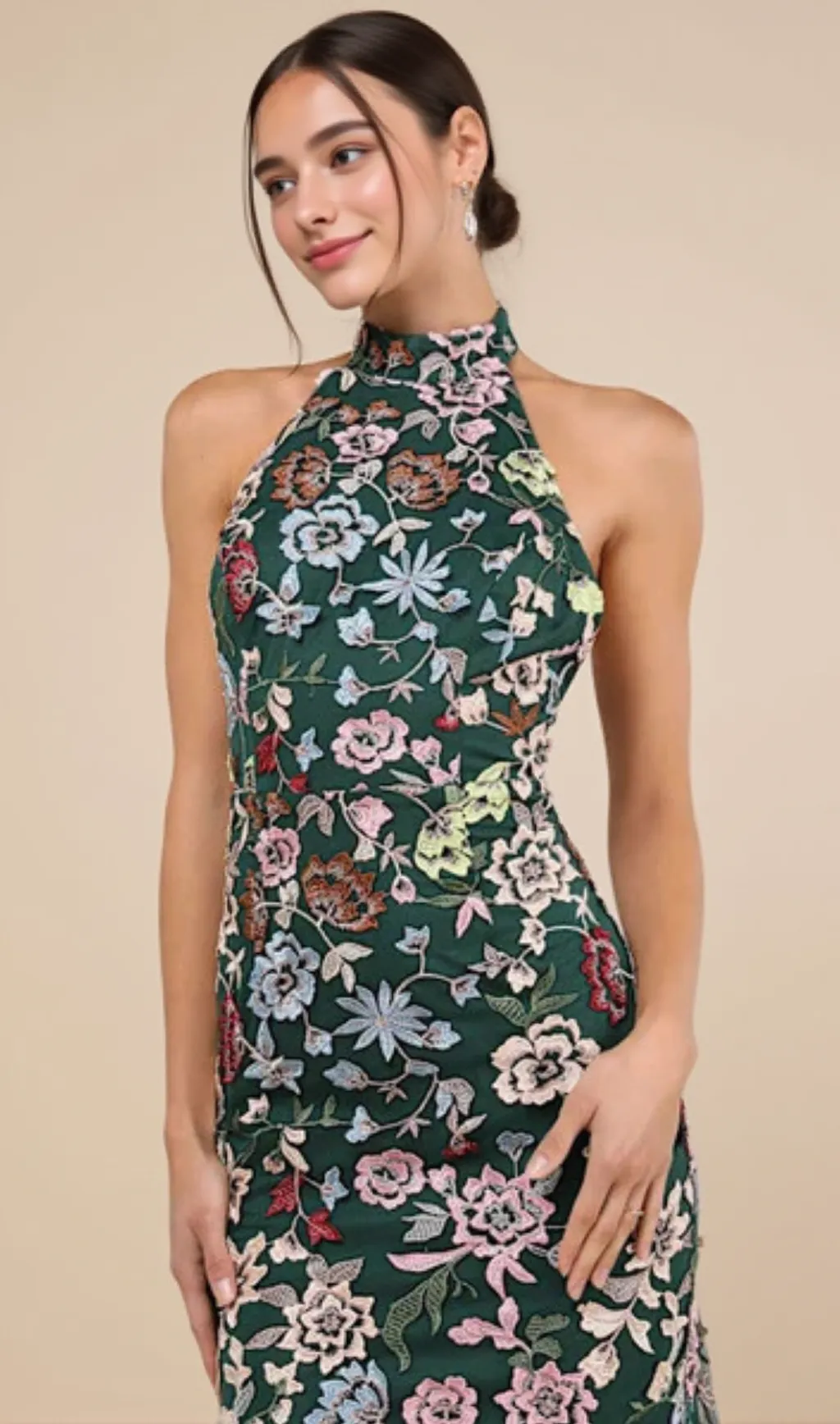 3D Floral Embroidered Halter Maxi Dress in Emerald