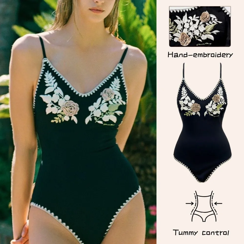 84Volt Sexy Halter Embroidered One-piece Swimsuit - Black / S