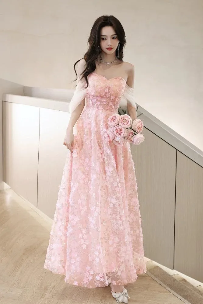 A Line Prom Dress Off the Shoulder Tulle Lace Pink Long Formal Evening Dress